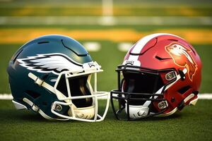 American football helmets at the artificial grass playing field photo