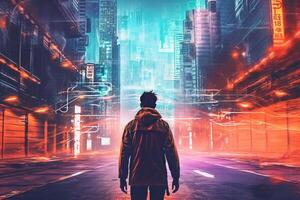 hoodie thief cyber hacker on city cyber future.Hacking and malware concept. Hacker code digital interface. Hooded Hacker Breaks into Government Data Servers and Infects photo