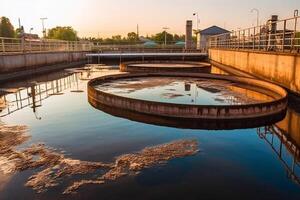 parte superior aéreo ver de purificación tanques de moderno aguas residuales tratamiento planta generativo ai foto