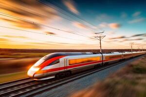 High-speed train rides supersonic with a hot burning nose front. Generative AI photo