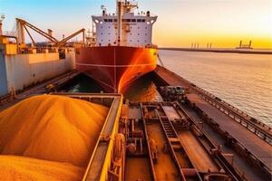 Loading grain into holds of sea cargo vessel in seaport from silos of grain storage. Bunkering of dry cargo ship with grain. Aerial top view Generative AI photo