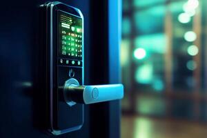 Locking smartlock on the entrance door using a smart phone remotely. Concept of using smart electronic locks with keyless access photo