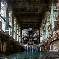 Aerial panoramic view of concrete Dam at reservoir with flowing water, hydroelectricity power station, drone shot. photo