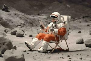 Astronaut sits in a beach chair on a Moon surface, holding phone in hands Generative AI photo