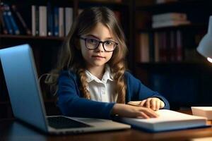 Distant Education. Adorable Little Girl In Headphones Using Laptop In Kitchen, Sitting At Table And Showing Thumb Up At Camera, Female Child Study Online With Computer Generative AI photo