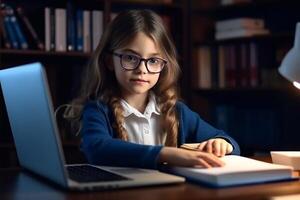 Distant Education. Adorable Little Girl In Headphones Using Laptop In Kitchen, Sitting At Table And Showing Thumb Up At Camera, Female Child Study Online With Computer photo