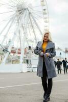 Stylish woman posing near ferris wheel photo