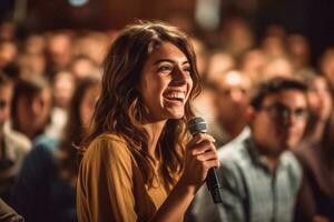 Young hispanic woman reporter working using microphone at street Generative AI photo