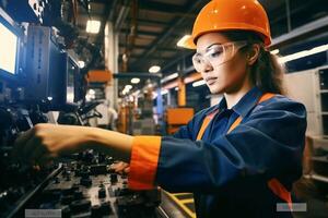 Female Auto Mechanic Working Underneath Car In Garage. Portrait of smiling young female mechanic. Female mechanic inspecting a lifted car. Mechanic woman working on car in her shop Generative AI photo