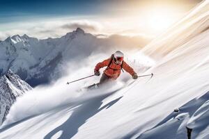 Winter time. Skier and mountains landscape photo