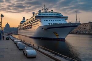 Cruise ship at sunrise in the port of Las Palmas de Gran Canaria, Canary Islands, Spain Generative AI photo