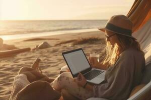 young woman working with a laptop on nature in summer beach Generative AI photo