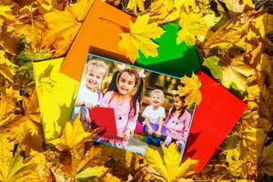 baby photos lie in autumn leaves