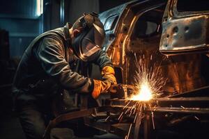 Welder on steel structure in factory photo