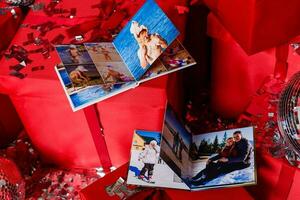 view open book with album christmas at home photo