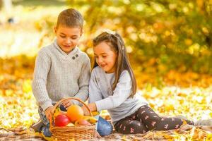 Happy children eating red apple while walking in autumn park photo