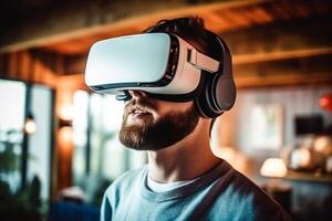 smiling young asian man using virtual reality headset while sitting on couch at home photo