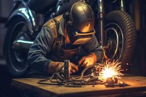 Welder on steel structure in factory photo