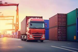 Semi Trailer Trucks Parked Loading at Dock Warehouse. Shipping Cargo Container Delivery Trucks. Loading Distribution Warehouse. Freight Trucks Cargo Transport. Warehouse Logistics. photo