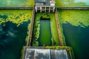 agua contaminación por floreciente azul verde algas - cianobacterias es mundo ambiental problema. agua cuerpos, ríos y lagos con perjudicial alga florece ecología concepto de contaminado generativo ai foto