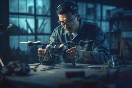 Engineer testing a military-grade drone in laborator photo