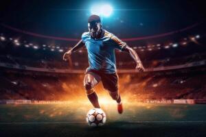 Football player with ball in the stadium, 3d rendering photo