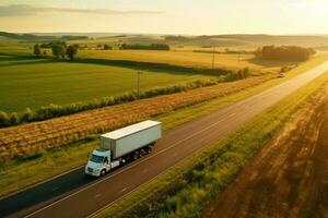 Trucker by logistics company Semi Trailer truck delivering cargo to a customer or supplier. Truck with semi-trailer driving on highway. Transport logistics. Generative AI photo