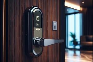 Locking smartlock on the entrance door using a smart phone remotely. Concept of using smart electronic locks with keyless access photo