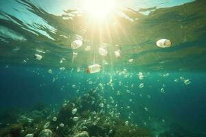 el plastico botellas hundimiento en a el océano. ambiental contaminación concepto. mundo ocaens día generativo ai foto