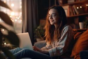 Portrait of a Happy Successful Businesswoman Using Laptop Computer in Creative Agency in the Evening. Black Female Smiling while Browsing Internet, Checking Funny Memes on photo