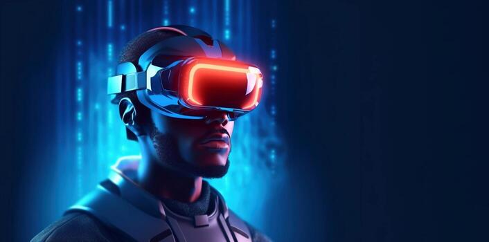 A realistic portrait of a man in neon light wearing a cyberpunk headset and cyberpunk gear. A high-tech futuristic man from the future. The concept of virtual reality and cyberpunk. photo