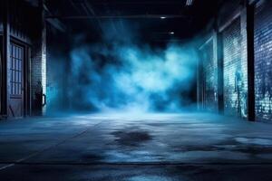 A dark empty street, dark blue background, an empty dark scene, neon light, spotlights The asphalt floor and studio room with smoke float up the interior texture. night view Generative AI photo