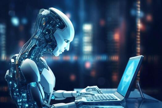 robot equipo trabajando en el oficina, futuro tecnología concepto generativo ai foto