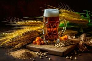 Mug of beer and wheat ears on a wooden background Generative AI photo