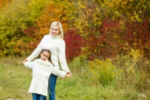 family, childhood, season and people concept - happy family in autumn park photo