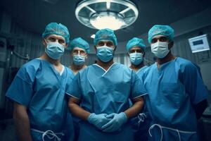 Portrait of diverse male surgeons with face masks in operating room. Healthcare, medicine and hospital. Generative AI photo