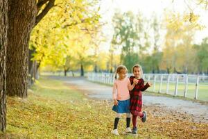 Two little girl friends schoolgirl in the park. photo