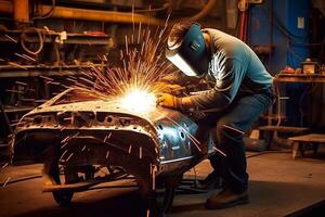 Welder on steel structure in factory photo