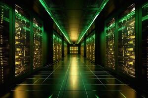 Dark servers data center room with storage systems and digital graphs and charts 3D rendering photo