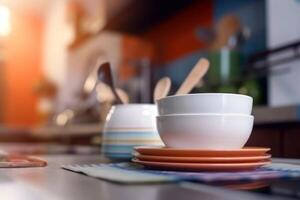 blurred background of bar and dark brown desk space of retro wood photo