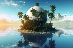 3D illustration blue tropical background of the sea in summer blurred with palm leaves and sunshine. Sea and sky with white clouds Summer holiday photo