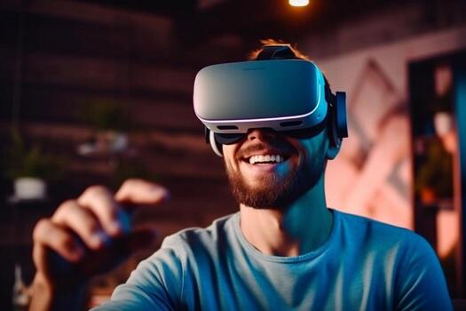 sonriente joven asiático hombre utilizando virtual realidad auriculares mientras sentado en sofá a hogar generativo ai foto