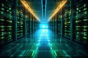 Dark servers data center room with storage systems and digital graphs and charts 3D rendering photo