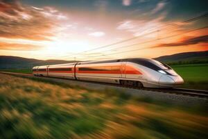 train in motion on the railway station at sunset. Modern intercity passenger train with motion blur effect on the railway platform. Industrial. Railroad and blurred background Generative AI photo