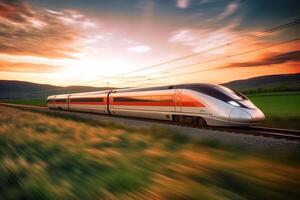 train in motion on the railway station at sunset. Modern intercity passenger train with motion blur effect on the railway platform. Industrial. Railroad and blurred background photo