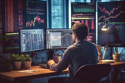 Back view of bearded young businessman woking with graph and charts on computer photo