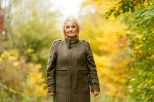 Senior citizen stroll in a park in autumn photo