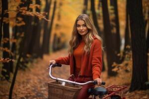 beautiful girl has fun riding a bike in autumn photo