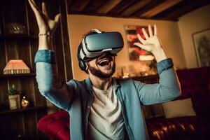 Excited man wearing VR headset resting at home sitting on sofa in living room alone using futuristic technology making gestures with hands in air, play 3D video game movie. Virtual Generative AI photo