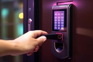 Wood door with smart lock, touch screen keypad and fingerprint, key less access Generative AI photo